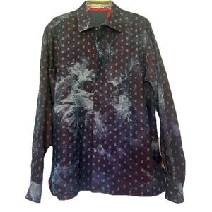 Ross Graison Mens XL Embroidered Blue Red Cotton Shirt Button Up Roll Up Sleeves